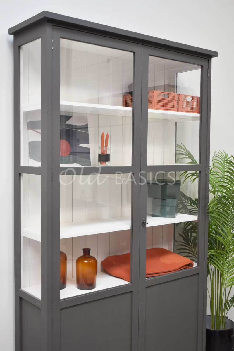 Detail van Vitrinekast Tinca, 2 deuren, RAL7022, grijs, materiaal hout